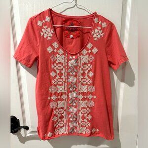 JOHNNY WAS Coral Pink White Floral Embroidered Boho Short Sleeve Tunic Top